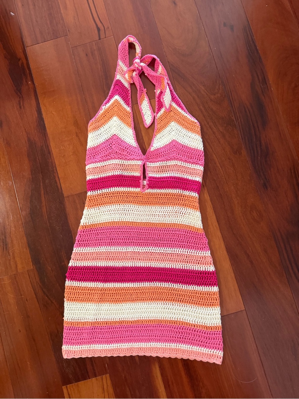 Crochet Halter Mini Dress in Pink, Orange & Cream